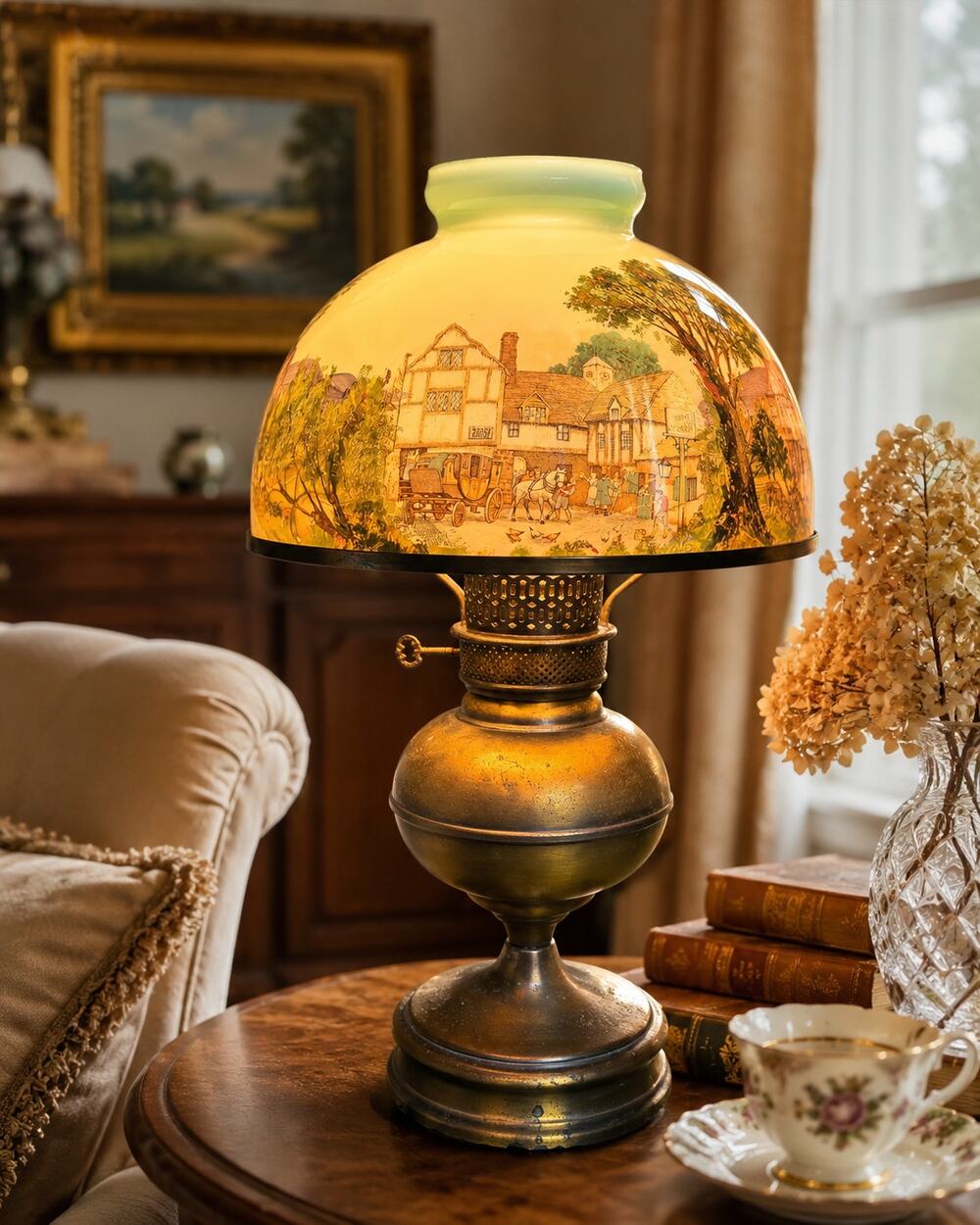 Antique Brass Oil Lamp Hand Painted Opal Glass English Village Shade 21"